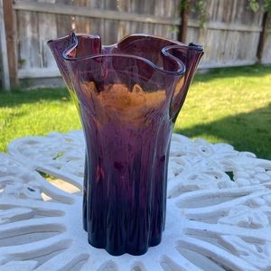 Vintage Deep Purple Ruffled Art Glass Vase